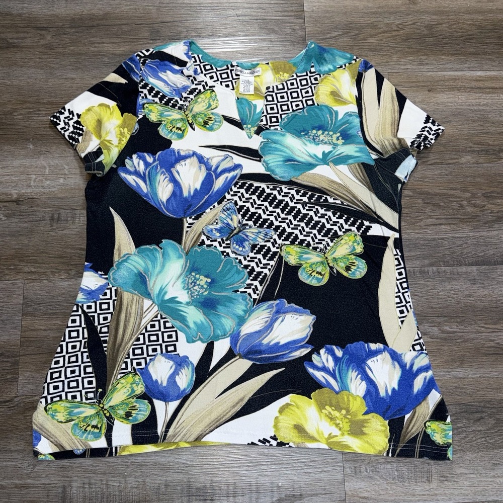 Rebecca Malone Short-Sleeve Knit Top Womens L Vibrant Blue Teal Yellow Floral